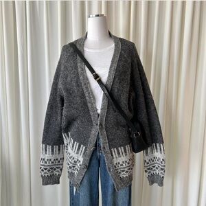 Geysir Grey Knit Fair Isle Cardigan - Oversized Icelandic Wool Patterned Sweater